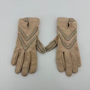 Aris Isotoner Vintage Tan Driving Gloves Leather Trim Spandex One Size Beige